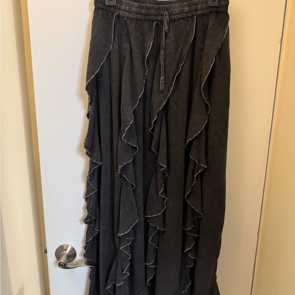 Black Ruffled Maxi Skirt with Drawstring Waist